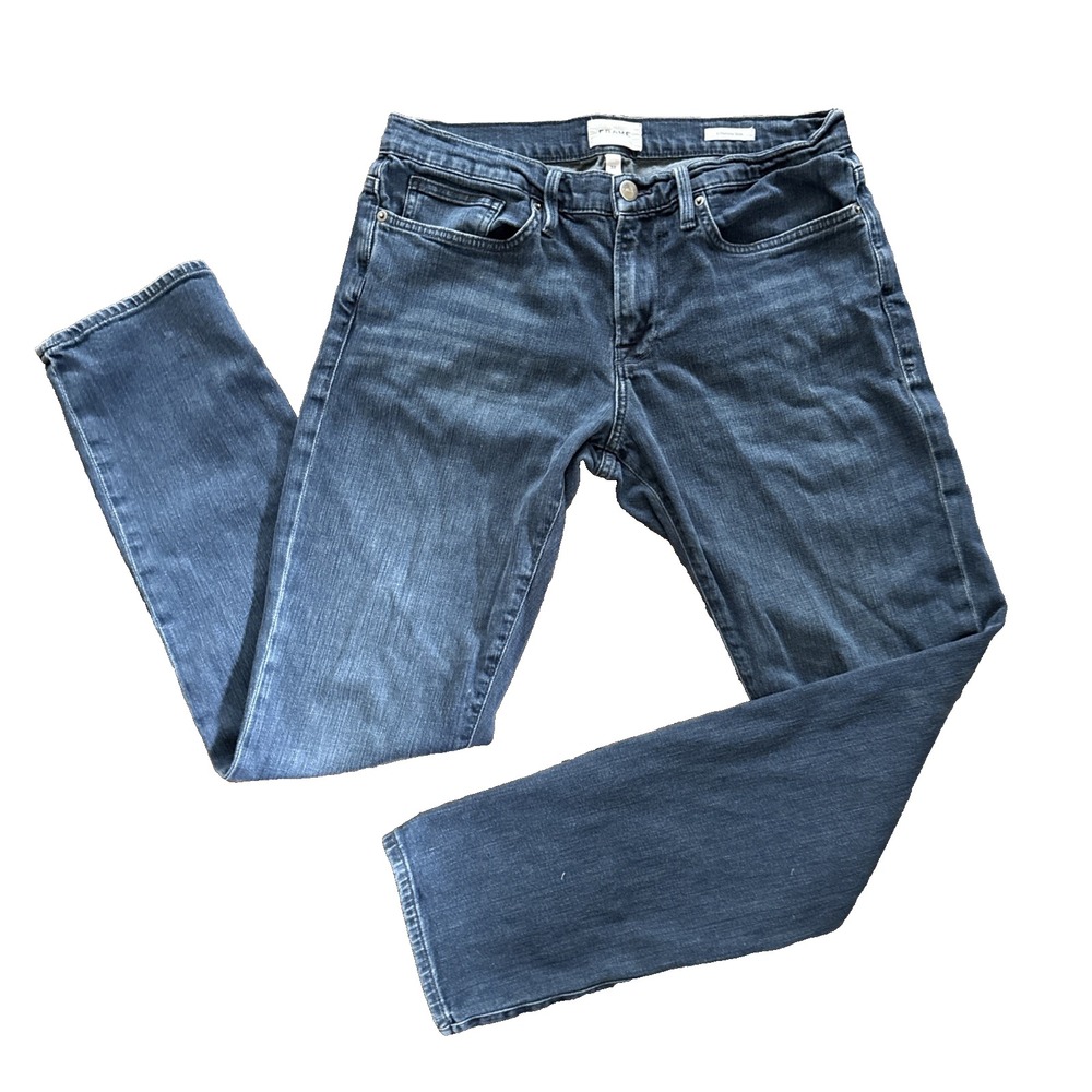 FRAME L'Homme Slim Jeans Men 32x31 Blue Stretch Denim 5 Pocket Whiskered Dark